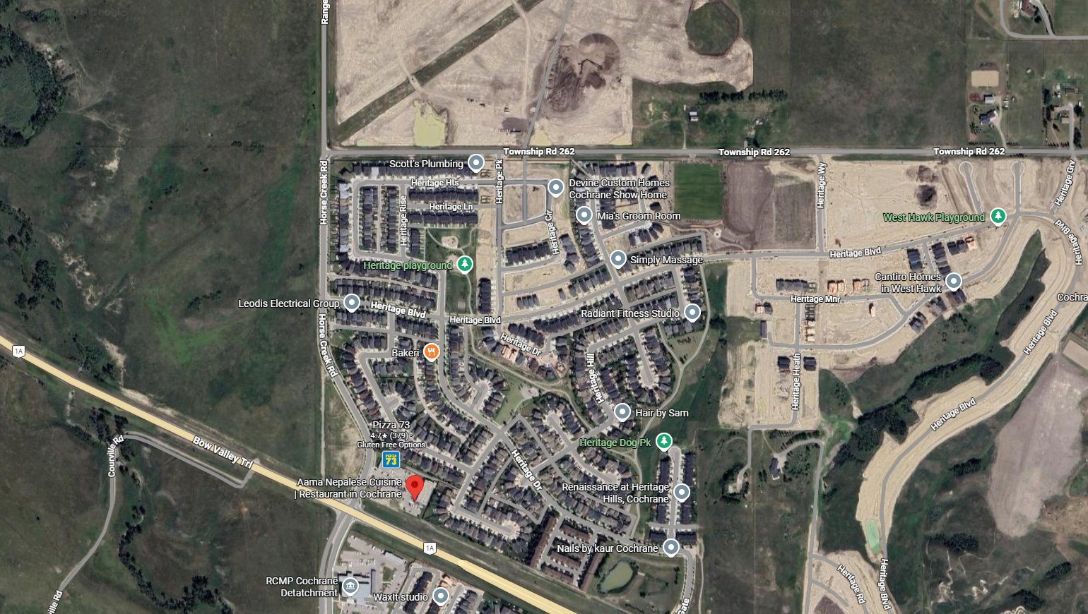 Satellite map of the Momothon walking route through Heritage Hills, Cochrane, AB